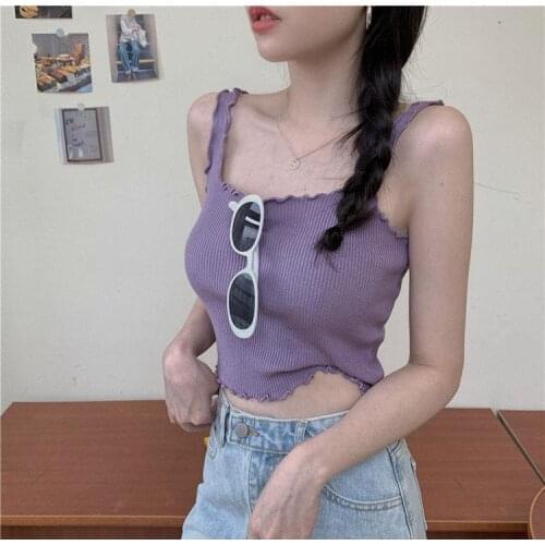 Women Slim Knitted Short Wooden Ears Camisole Solid Color Sleeveless Bottoming Shirt Tank Top