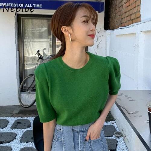 Kuzuwata 2021 New Arrivals Solid Summer Knitted T-Shirt Ladies O-neck Puff Sleeve Female Tops Fashion Chic Sweet Women Tees