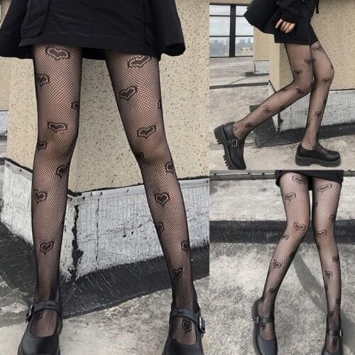 Gothic Style Women Sexy Hollow Out Fishnet Black Pantyhose Heart Jacquard See-Through Slim Tights Stockings Clubwear