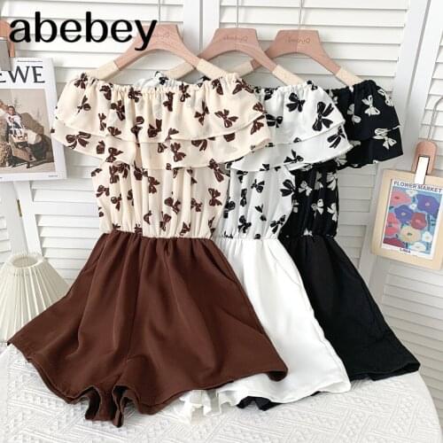 Sweet slash neck short sleeve Rompers double Ruffles bow print high waist casual wide leg Rompers 2021 New Summer Women