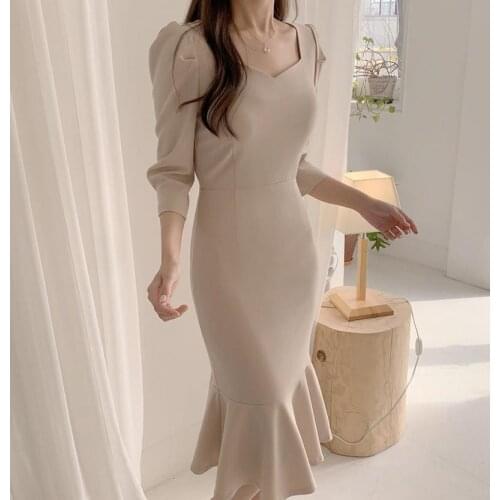 Vestido De Mujer Korean Chic Elegant Autumn Slim High Waist Square Collar Long Sleeve Mermaid Dress Women Robe Femme Solid