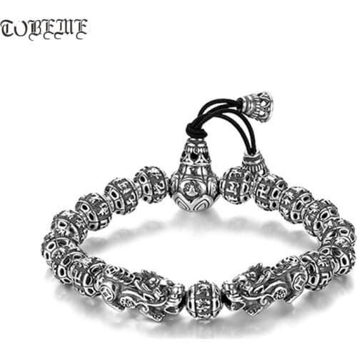 100% 990 Silver Buddhist E Mi Tuo Fo Beads Bracelet Good Luck Wealth Pixiu Beaded Bracelet Lucky Bracelet