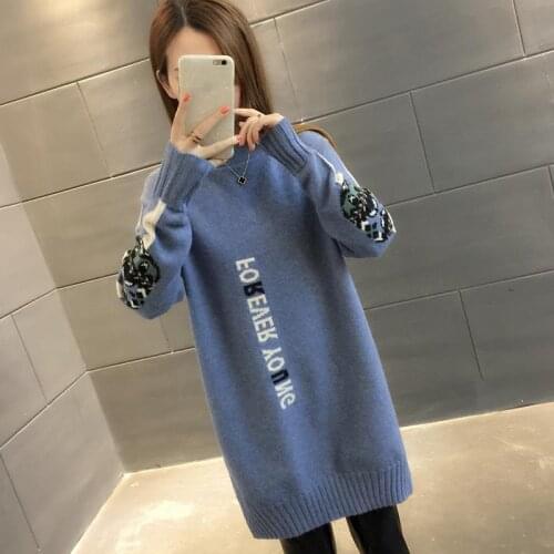 2020New Hot Sale Womens Spring Autumn O-neck Knitted Sweaters Dresses Woman Long Style Letter Sweater Dress 4 Colors