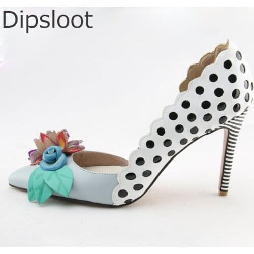 Summer Beauty Bright Flowers Leaves Sandals Woman Polka Dot Rippled Stripe Stiletto High Heels Ankle Strap Party Sandalia Shoes