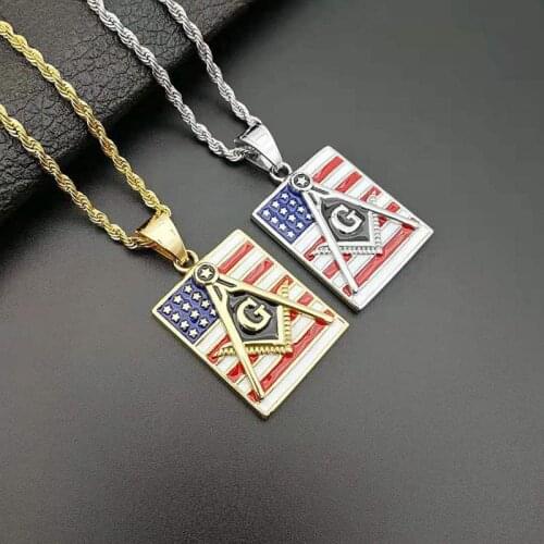 Gold Silver Color Stainless Steel American Flag Masonic Freemasonry Sqaure Pendants Necklaces for Men Hip Hop Rapper Jewelry