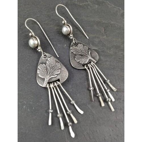 Ethnic Nepal Jewelry New Popular Pearl Tasel Earrings Bohemia S925 Retro Thai Leaf Earrings