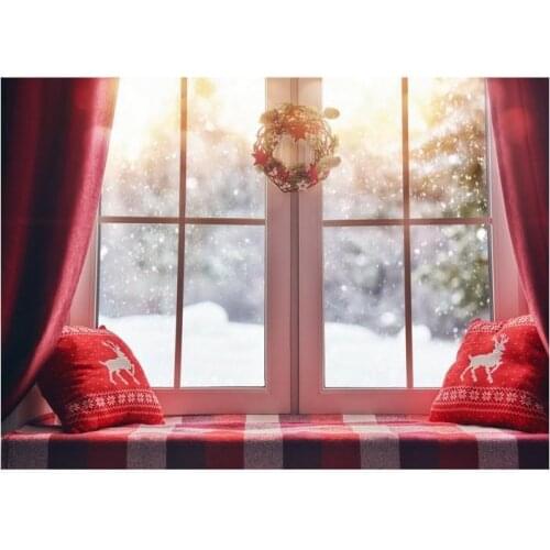Photo Background Fotografia Christmas Window Winter Forest Snowing Red Photography Backdrop Photophone Photozone