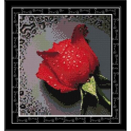 Quality DIY Handmade Needlework Cross Stitch Set Embroidery Kit 14CT Rose with Dew Pattern Cross-Stitching 21*22cm Home Decorati