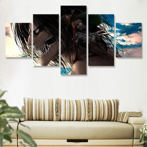 Attack on Titan Eren and Levi Wall Art Painting 5 Panels Canvas Print Art Wall Decor Anime Paintings Livingroom Home Decoration