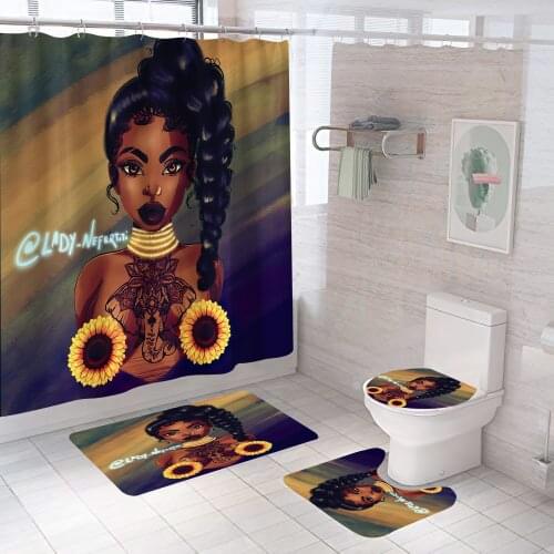 Cool Black Girl Shower Curtain Waterproof Polyester Bathroom Curtains Cartoon Shower Curtain Set Bath Mats Rugs