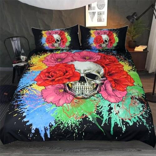 Floral Skull Duvet Cover Set 3pcs Splash Bedclothes Flowers Pirates Comforter Bedding Sets Queen White Home Textiles
