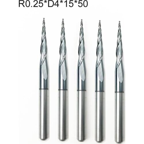 10pcs shank 4mm R0.25x15x50mm Tungsten solid carbide Tapered Ball Nose End Mills and cone cutter HRC55 with coating
