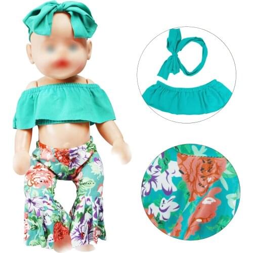 Doll Clothes Fit 18 inch 43cm Baby Doll Off Shoulder Green Blouses Tops + Floral Trousers + Hair Band Party Outfit Accessories