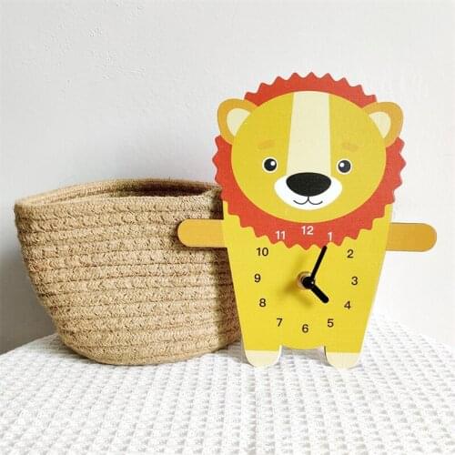 Cartoon Lion Panda Wall Clock For Childrens Room Hanging Ornament Wood Quartz Digital Mute Clocks Figurines Nursery Decor Props