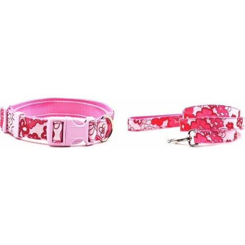New Dseign Nylon Dog Collar Leash Flowers Pattern Pink Color Adiustablepet Collar Lead For Small Medium- Size Dog S L