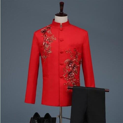 New embroidered suits mens dresses costumes stage youth host chorus blazers garnitury traje de hombre 정장 دعوى السراويل red