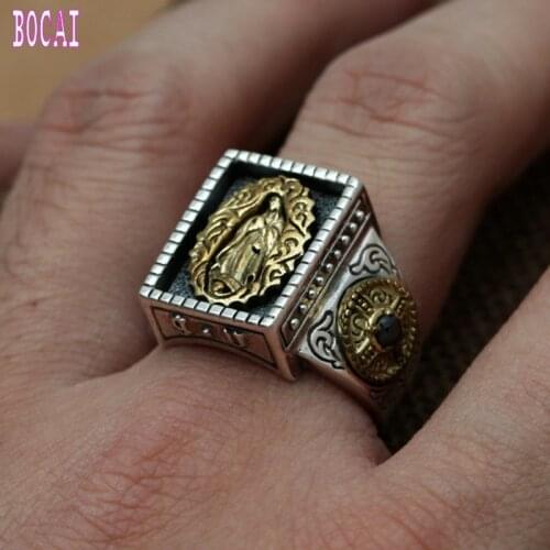 Wholesale fashion jewelry S925 sterling silver ring inlaid copper Silver Vintage Mens virgin Maria wide ring