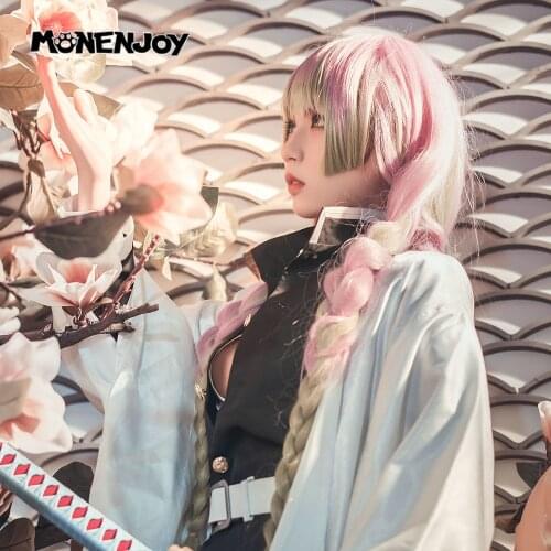 Monenjoy Demon Slayer Kanroji Mitsuri Cosplay Wig Pink Green Gradient Cos Hair