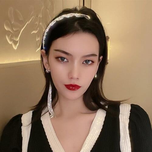 Korea Style Long Tassel Asymmetry Rhinestone Headband for Women Girl Lady Black Velvet HairClip Wedding Hair Accessories Jewelry