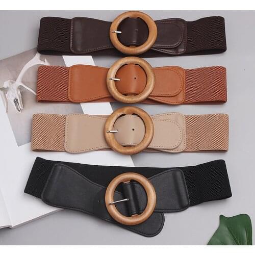 Pu Leather Waistband Circle Wood Buckle Elastic Wide Belt Personality Women New Fashion Tide All-match Belts Spring Autumn 2021