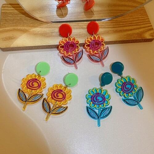 Vintage Sun Flower Earrings Multicolor Funny Cartoon Art Painting Plant Acrylic Earrings for Women Fashion Jewelry New