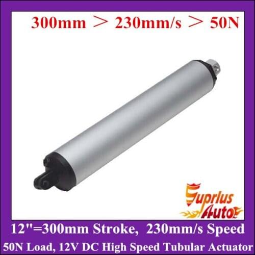 High Speed 230mm/s 12V DC 12"=300mm Stroke Tubular Actuator, 50N Small Load Rating electric linear actuator