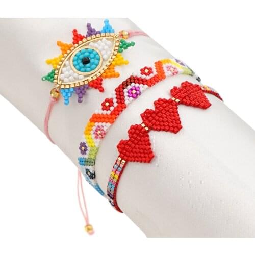 Ethnic Style Rainbow Bracelets For Women Lucky Eye Beaded Miyuki Rice Bead Woven Love Bracelets Female Jewelry