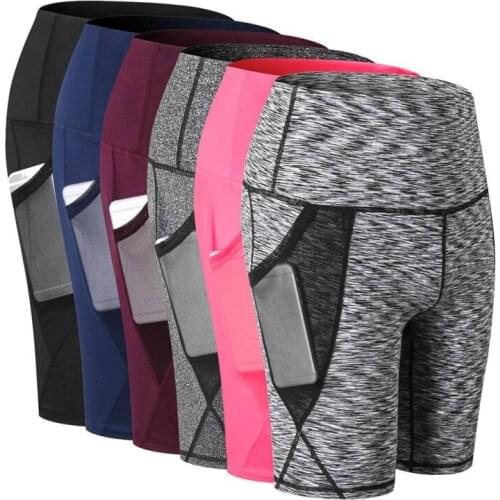 2021 New Women High Waist Yoga Shorts Running Gym Fitness Quick Dry Elastic Pants with Mesh Pocket Summer Sports Shorts