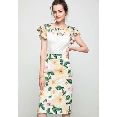 Yellow Flower Print Ruffled Collar White Top + Pencil Skirt Fashion Set 2021 Summer Womens Womens Elegant dress