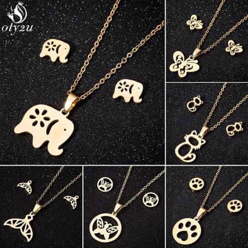 Stainless Steel Cat Necklaces for Women Cartoon Elephant Butterfly Dog Paw Earrings Stud Girls Fashion Jewelry Set Animal collar