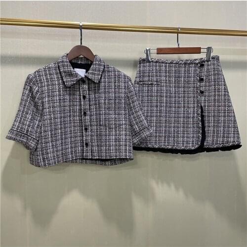 Woman two-piece set office ladies French brand elegant trim tweed short coat + high waist skirt office clothes woman suit