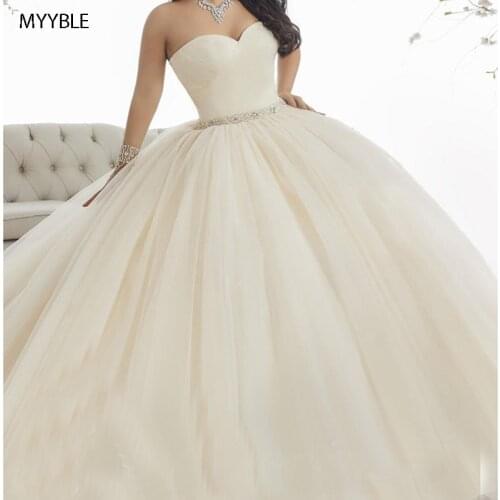 MYYBLE 2021 vestido ball gown robe de baln Sweetheart Neckline Beading Crytals Lace-Up Tulle Court Train quinceanera dresses
