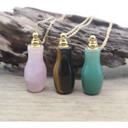 Natural Rose Quartzs Essential Oil Vial Pendants Chains Tiger eye/Aventurine Perfume Bottle Charms Necklace Women Jewelry QC1009