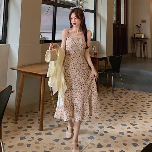 Sexy Womens Dresses Sling Floral Long Dress Sleeveless V-neck Loose Oversized Fishtail Dress