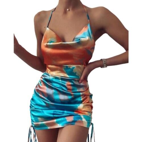 Hot Sales Women’s Sexy Lace-up Halter Dress Fashion Printing Backless Drawstring Pleated Skinny Short Dresses Clubwear