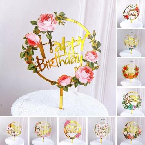 1pcs Colored flowers Happy Birthday Cake Topper Birthday Party Cake Decorations Dessert Tools for Baby shower Baking supplies