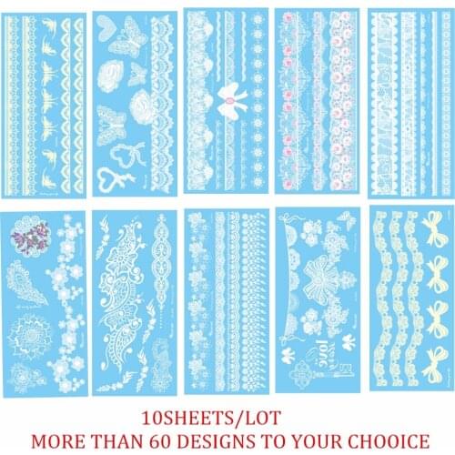 10 Sheets White Henna Temporary Tattoos for Women Teens Girls White Lace Fake Stickers Bride Wedding Tattoo Designs Jewelry