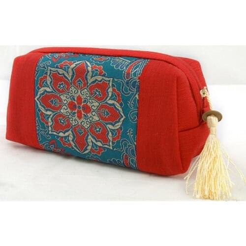 Classic Patchwork Big Zipper Jewellery Gift Pouch Silk brocade Tassel Ladies Makeup Bag Chinese Ethnic Trinket Storage Case