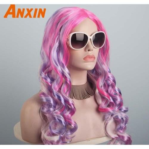 Anxin Long Curly Colorful Candy Color Synthetic Wig Unicorn Accessories Purple Pink For Girls Women Cosplay Party Anime