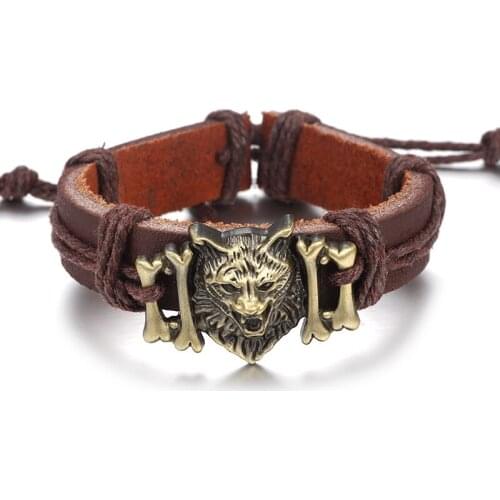 New Product Punk Wolf Head Ornament Genuine Leather Bracelets For Men Cuff Bangle Wristband Jewelry Gifts Dropshipping
