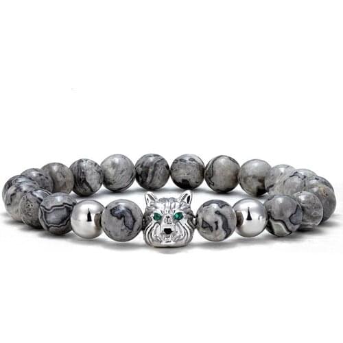Handmade 8mm Map Stone Wolf Head Bracelet Mens and Womens Bracelet Womens Pulse Jewelry Energy Yoga Bracelet Birthday Gift