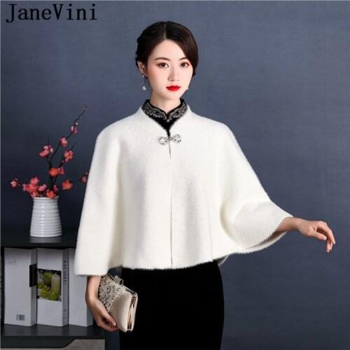 JaneVini Elegant Faux Fur Shawl Evening Bolero Wedding Jacket Beaded Winter Women Fur Cloak Bruid Cape Bride Wraps Jacket Shrugs