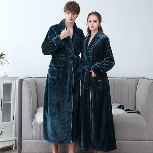 Lovers Flannel Kimono Robe Gown Oversize 3XL Bathrobe Coral Fleece Thicken Sleepwear Winter New Nightwear Lingerie For Men&Women