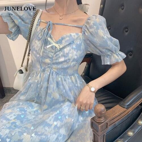 JuneLove French Kawaii Sweet Dress Women Short Sleeve Lace-up Elegant Dress Floral Design Party Fairy Dress 2021 Summer Sexy