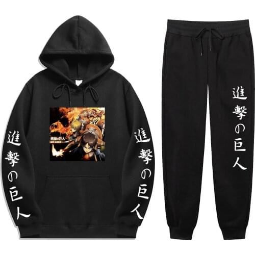 Japan Mens Sets 2 Pieces Sets Anime Attack On Titan Print Sweatshirt+Drawstring Pants Hoodies hoodie Sweatshirt joggingbroek