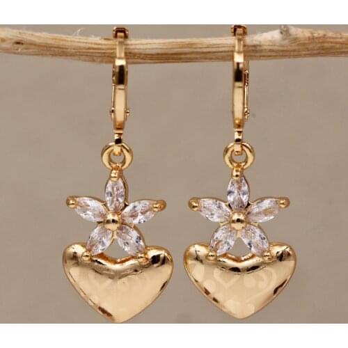 Cute Romantic Heart Gold Copper Earrings White Stone Dangle Flower Drop Earring For Women Girls Fashion Jewelry Accessories Gift