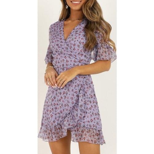 Musuos Women Floral Printed Boho Holiday Sundress Ladies Short Sleeve V Neck Ruffle Bandage A-line Mini Dress Chic Party Clothes