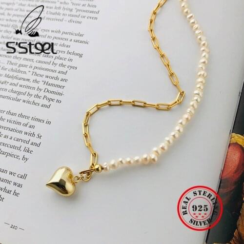 SSTEEL 925 Sterling Silver Pendant Necklaces For Women Minimalist Love Heart Pearl Gold Chain Choker Necklace Western Jewelry