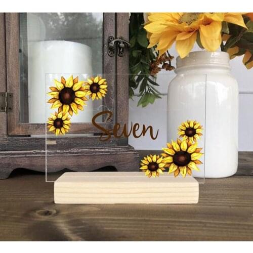 Sunflower Wedding Table Numbers Personalized Clear Acrylic Floral Table Number Sign with Wood Stand Set