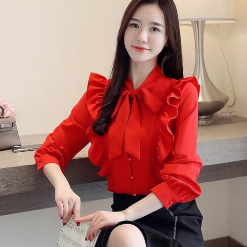 Korean Office Shirt Bow Collar 2020 New Chiffon Shirt New Women Top Ruffles Female Blouse Shirts Long Sleeves Woman Clothes 630i